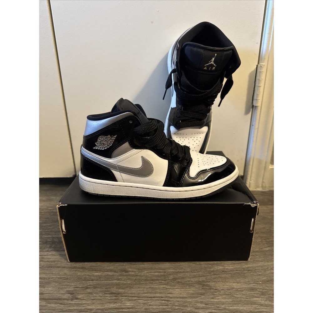 Nike Air Jordan 1 SE Mid Black White Metallic Silver Men's Size 8 Sneakers Shoes
